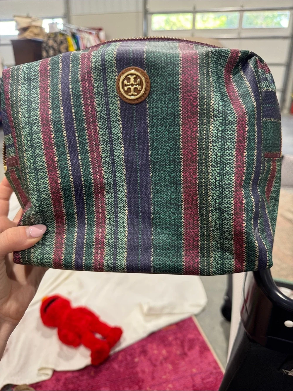 Tory Burch Striped Cosmetic Pouch in Green, Navy & Burgundy